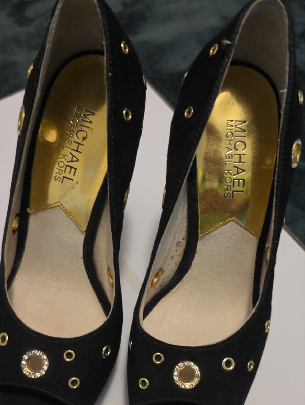 Michael Kors Black Suede Peep-Toe Heels with Gold Grommet Accents - Picture 2 of 5